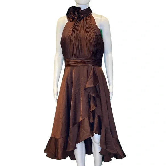 NWT Mac Duggal 49488 Brown Halter Neck Flower Detail Ruffled Midi Dress - Sz 8